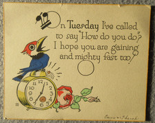 1928 One-Sided GET WELL Card JAYHAWK As ALARM on CLOCK Artist CARL ANDERSON picture
