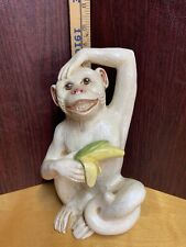 Vintage Italian White Glazed Ceramic Monkey Holding Banana Scratching Head 9 In picture