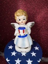 Vtg July Angel Girl Holding Red White & Blue Uncle Sam Top Hat Sm Figurine Japan picture