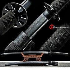 All Black Sharp Full Tang Japanese Samurai Katana Sword Damascus Folded Steel picture