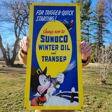 LARGE VINTAGE SUNOCO GASOLINE MOTOR OIL PORCELAIN METAL GAS PUMP SIGN 24