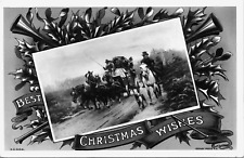 Best Christmas Wishes RPPC Real Photo Postcard Horses with Stagecoach & Dog picture
