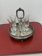 Vintage MCM Crystal Sherry Glass Set with 5 Glasses & Silver Caddy Tray Barware picture