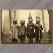 POSTCARD Weird Creepy Vintage Vibe Kids Masks Halloween Cult Unusual Family picture