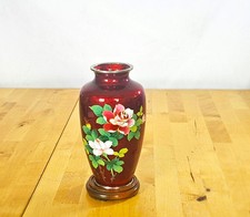 20th c. Japanese Red Akasuke Ginbari Cloisonne Rose Vase on Stand Vintage 7.5
