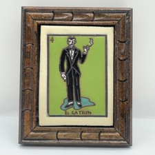 Vintage Mexican Loteria El Catrin #4 Framed Tile Folk Art Made in Mexico picture