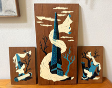 Vintage Mid Century Greek Gravel Art Wood Wall Plaques picture