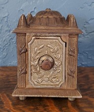 Antique Figural Architectural Cast Iron Safe Still Bank Corner Finial Dome Top picture