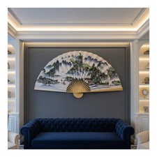 Large Chinese Folding Wall Fan Handmade Bamboo Silk Hanging Decor picture