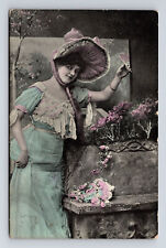c1911 European Portrait of Young Woman Flowers Postcard picture