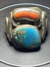 Vtg Navajo Sterling Silver Double Snake Ring Turquoise Coral Heavy 16.6g AS IS picture