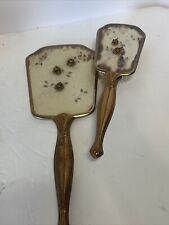 Vintage Gold Tone Vanity Hand Held Mirror Floral With 3D Roses 13