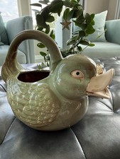 Vintage Hand Painted Green Ceramic Duck Planter Basket Watering Can Pitcher picture