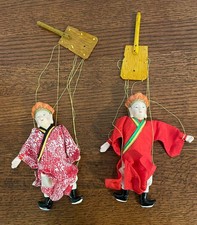 2 Vintage Chinese Opera Marionette Puppets Porcelain Heads Silk Robes 9