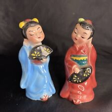 Vintage Ceramic Asian Geisha Girls With Fans Figurines Salt and Pepper Shakers picture