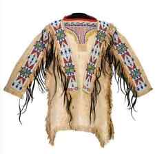 Native Old Style Beige Buckskin Suede Hide Fringes Beaded Powwow War Shirt NHS08 picture