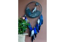 Handmade Wolf Dreamcatcher with Blue Feathers - Boho Wall Decor picture