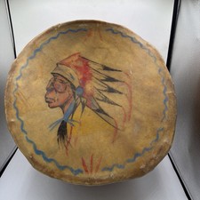 Antique Native American Rawhide Wood Large 16” leather drum painted Artifact VTG picture