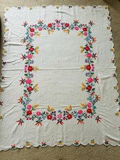 Vintage Hungarian Hand Embroidered Kalocsa Tablecloth Large Linen Paprika Floral picture
