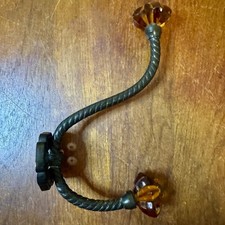 Vintage Wrought Iron Amber Glass Double Wall Hook Twisted Metal Ornate picture