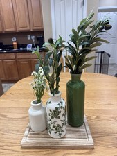 Ceramic Vintage Vase Set of 3, Green and White Crackle Glaze, Chinoiserie Floral picture