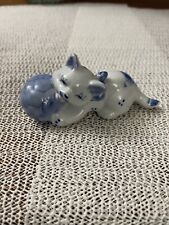Vintage blue & white porcelain cat with soccer ball 4” long picture