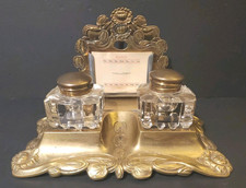 Antique Whitehead & Hoag Art Nouveau Brass Desk Set 2- Inkwells & Calendar Cards picture