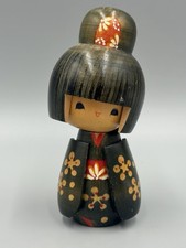 Wooden Japanese Kokeshi Girl Doll In Flower Kimono Signed picture