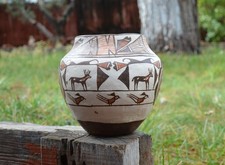 Old Zuni Traditional Olla Pot - Heartline Deer with Birds and Geometrics picture