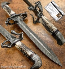 Impact Cutlery Rare Custom Damascus Dagger Knife Stag Antler Hawk and Snake picture