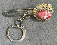 Vintage KINGS KEY FINDER Keychain Clip On  Dark Pink Stone on Gold Tone picture