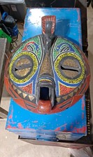 Vintage African Beaded Round Mask Hand Carved Wood Brass Bird Tribal Wall Art picture