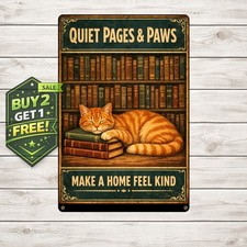 Books and Cats Cozy Tin Metal Sign 8x12 Vintage Reading Room Wall Decor picture