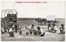 Van Tassel WY - Pioneer Life Covered Wagon Cowboy Chuck Wagon antique postcard picture