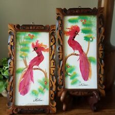 Vintage Pair Mexican Feathercraft Art Red Parrots in Carved Wood Frames picture