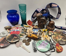 vintage estate junk drawer lot coins salt & pepper shaker cobalt blue lapel pins picture