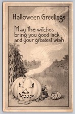 Vintage Gibson Halloween Sepia Postcard Greetings Jack O Lantern Witches Luck picture