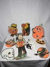 Vintage Beistle Halloween Die Cut Lot 9 Witch Skull Pumpkin Scarecrow 1950-1970s picture