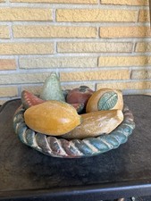 Vintage Terra-Cotta Mexican Clay Pottery Braided 13” Bowl 6 Pieces of Fruit picture