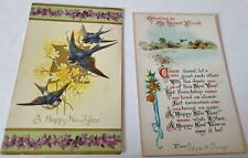 2  Antique New Year Postcards 1909-1914 Scenic Birds picture