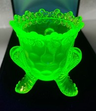 Vintage Forget Me Not Vaseline Uranium Glass Boyd Footed Toothpick Holder picture