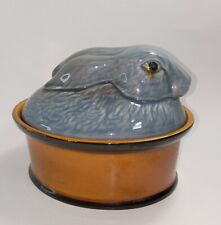 Vintage Secla Blue Nesting Rabbit Portugal Glazed Ceramic Pottery Oval Tureen picture