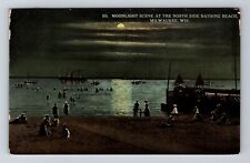 Milwaukee WI-Wisconsin, Moonlight, Bathing Beach North, Vintage c1916 Postcard picture