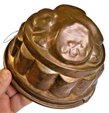 Antique Victorian Copper Jelly Mold Double Cornucopia Fruit Tin Lined c1880 picture