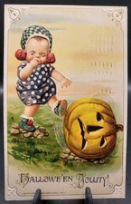 John WINSCH HALLOWEEN Little Girl Kick Pumpkin Embossed Postcard c.1914 Germany  picture