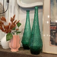 2-Beautiful Green Antique Tall Glass Bottles 15.5” Grape & Leaf Design picture