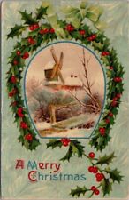 1911 MERRY CHRISTMAS Gel Postcard Winter Windmill Scene / Horseshoe Holly Border picture