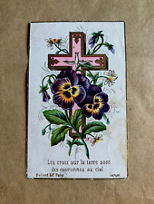 Vtg French Religious Catholic HOLY CARD Cross Pansies Prayer Les Croix Sur Terre picture