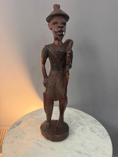 Vtg Handcrafted African Tribal Wooden Sculpture with Textured Clothing & Hat 21
