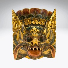 Balinese Barong Lion Mask: Hand Carved Polychrome Wood Wall Decor picture